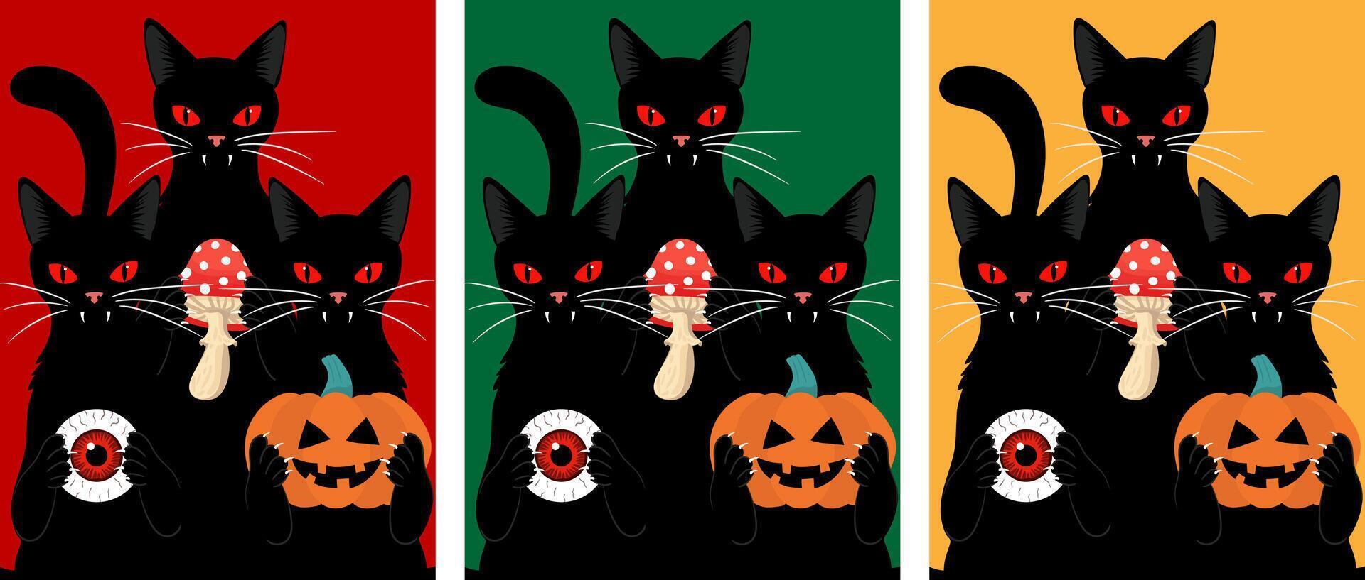 halloween poster set with three black cats red eyes pumpkins and magic mushrooms on red green and orange backgrounds vector