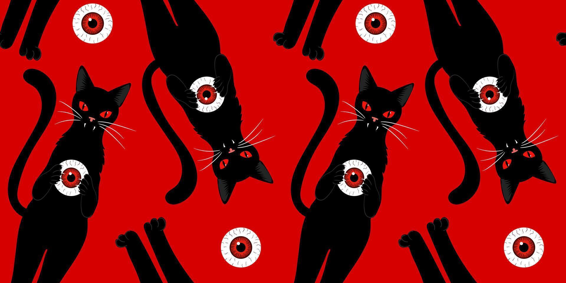 creepy cute gothic style repeatable print featuring mysterious felines and detached eyes perfect for october decor and party themes red background vector