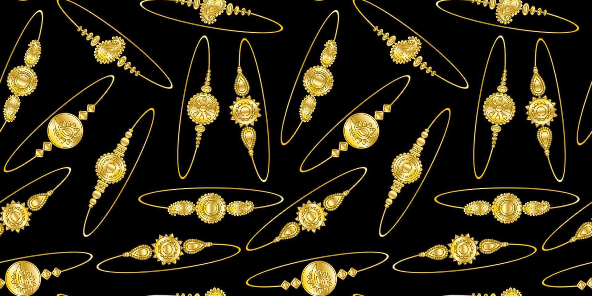 Mobilraksha bandhan gold bracelet seamless pattern on a black background traditional indian festival design for festive textiles and prints vector