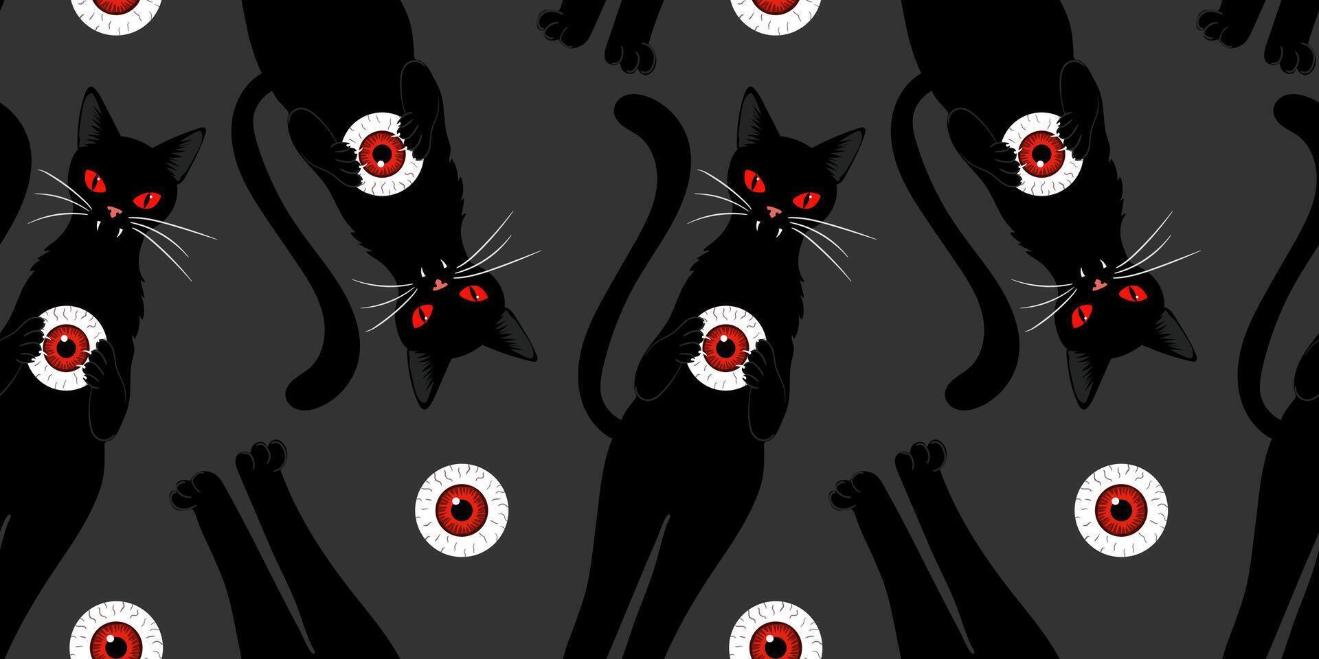 dark halloween seamless pattern with black vampire cats and creepy red eyeballs spooky gothic design for fabric, wallpaper, wrapping or party decor vector