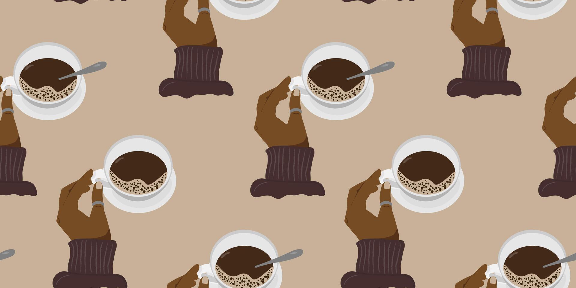 elegant coffee time seamless pattern with a dark-skinned hand holding a cup on a light beige background for cafe and lifestyle brands vector