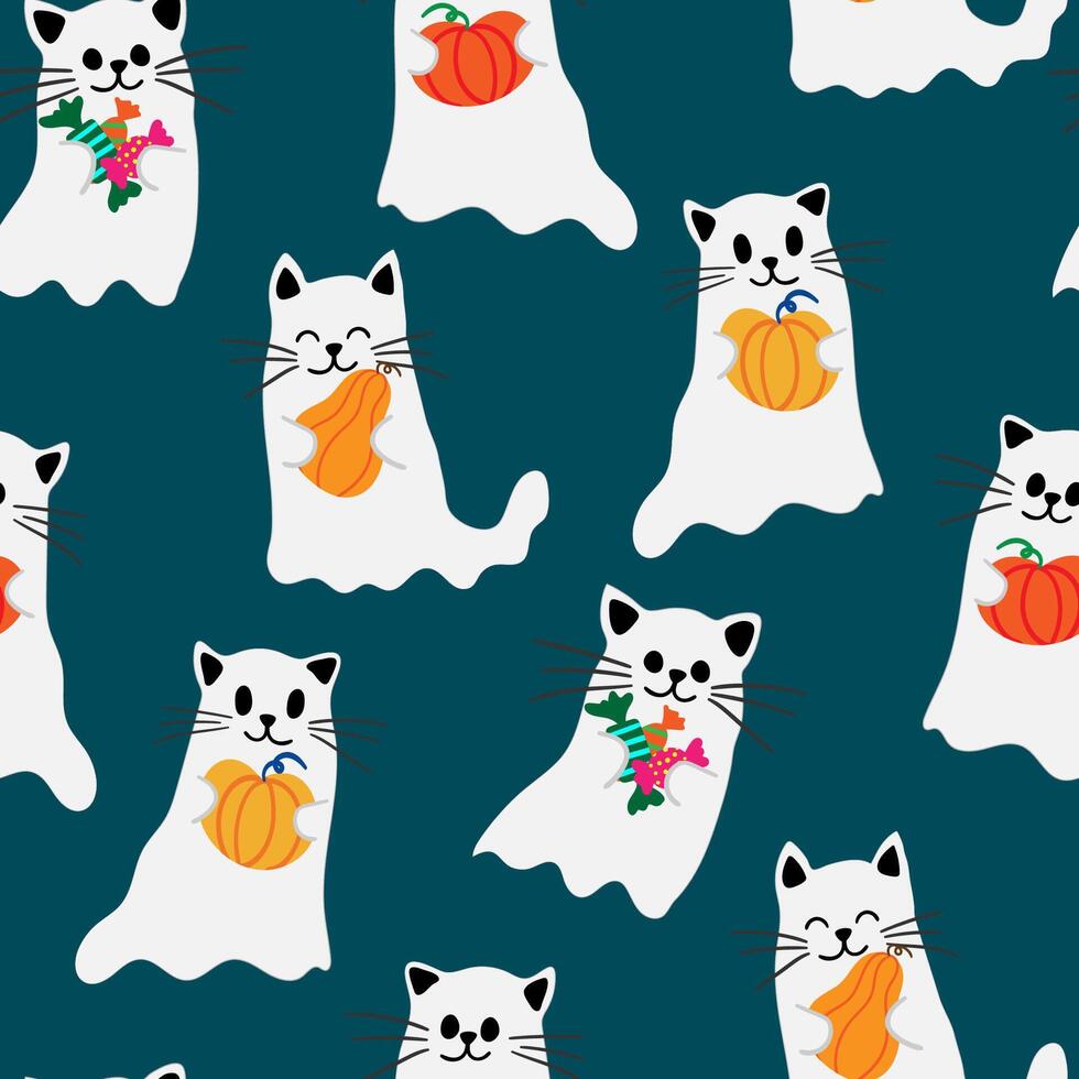 playful spooky season emerald background featuring adorable cat ghosts and autumn treats ideal for children's textiles and party invitations vector