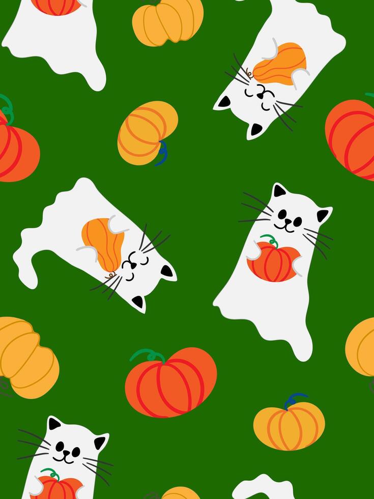 kids cute seamless pattern poster with cats ghosts pumpkins in paws green background autumn decor design textile vector