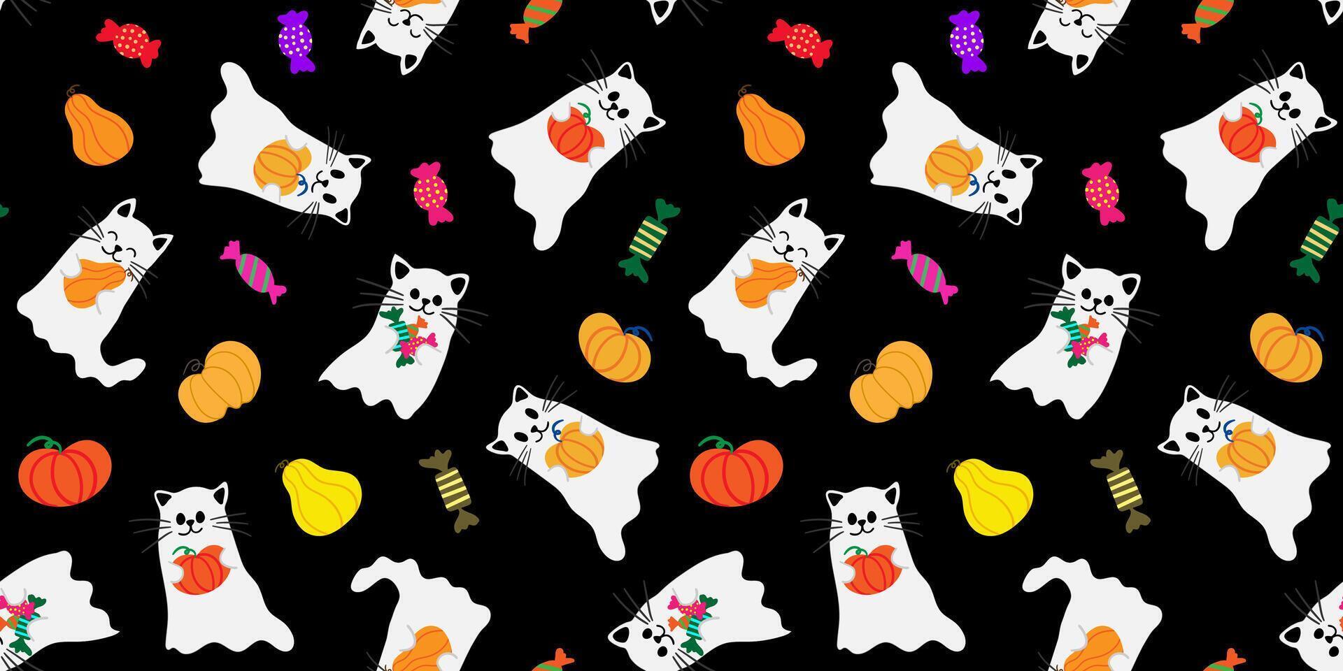Cat pattern with pumpkins and candy vector