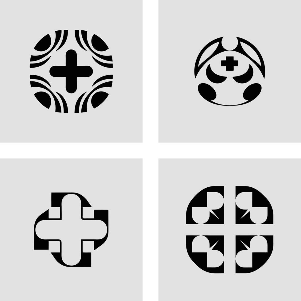 Stylish Medical Cross Logos Four Abstract Black and White Designs for Healthcare Branding - Professional digital artwork with vibrant colors and detailed composition vector