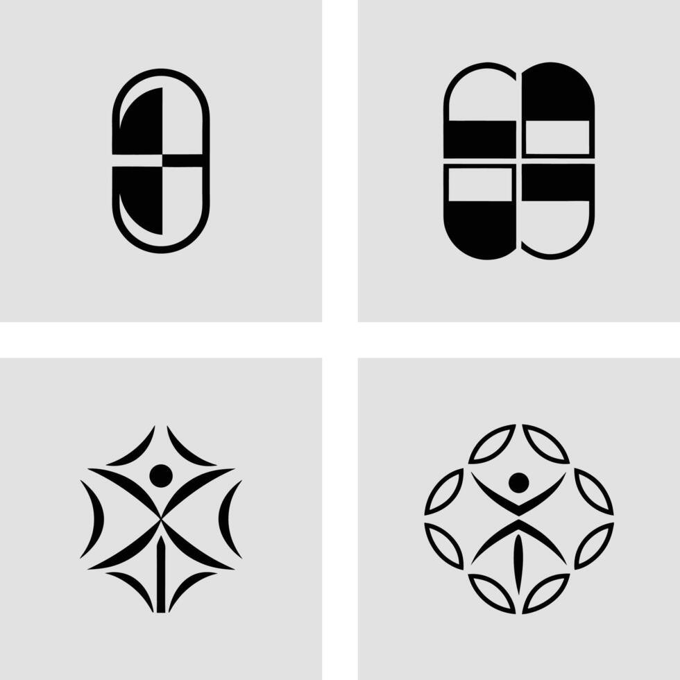 Collection of Four Stylish Abstract Minimalist Black and White Logos for Healthcare, Wellness, or Pharmacy on a Grey Background vector