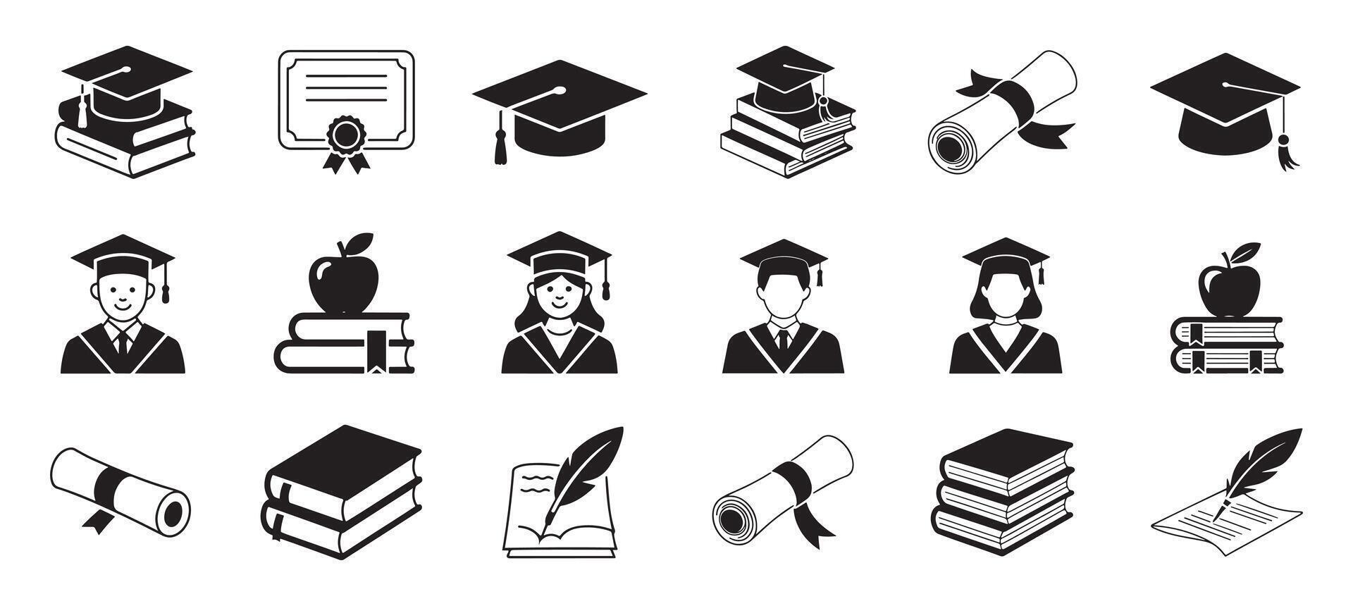 Graduation Icons, Diploma, Certificate, Scholar, and Student Achievement Symbols for Education vector