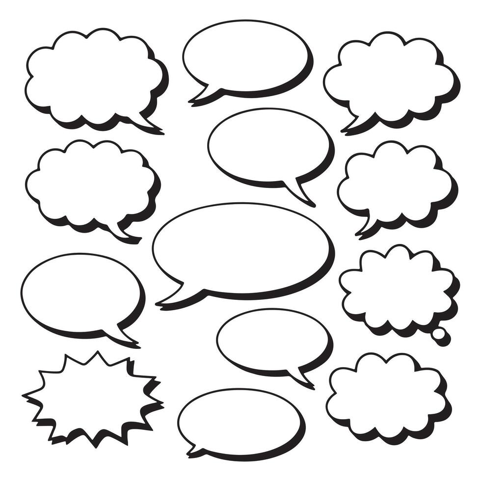 Speech bubble cartoon icons with bold comic outline and blank chat shapes vector