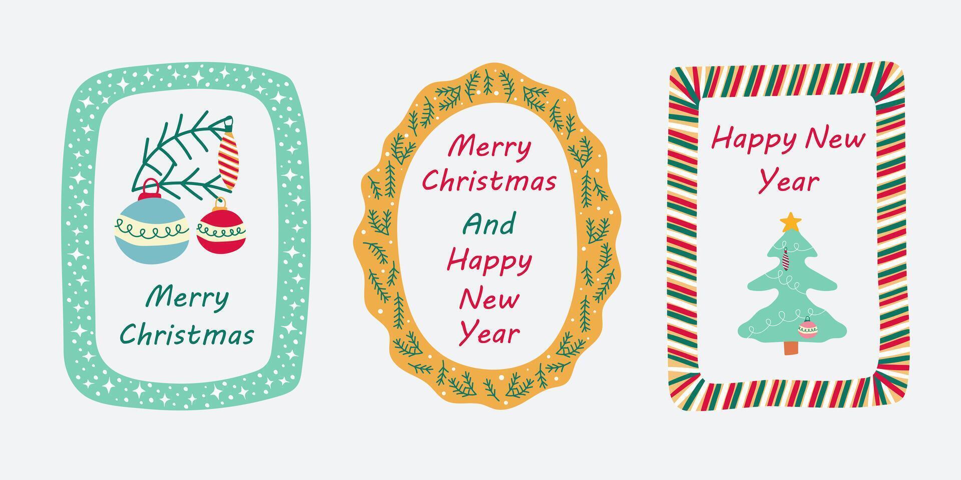 Collection of retro style Christmas and New Year greeting cards. Cute hand drawn New Year pictures. vector