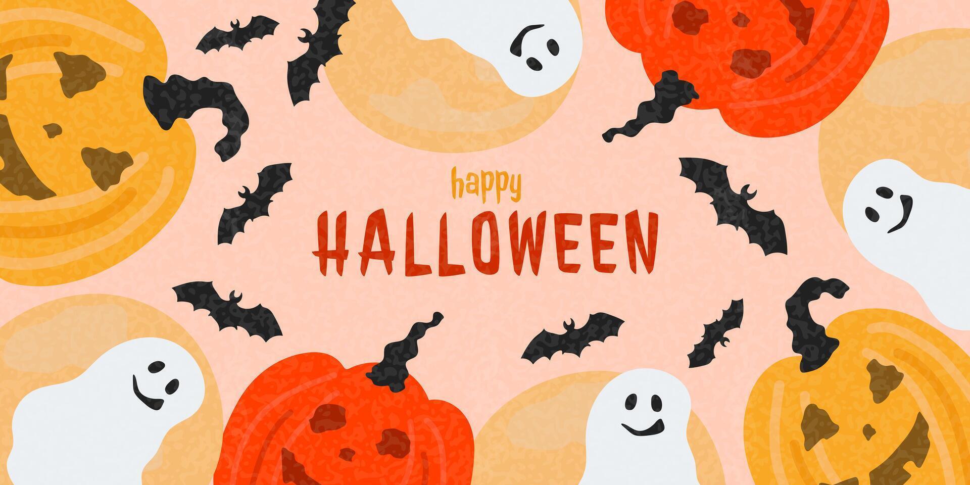 Happy Halloween festive background with ghosts, pumpkins, and bats. Cartoon illustration for autumn holiday celebration. vector