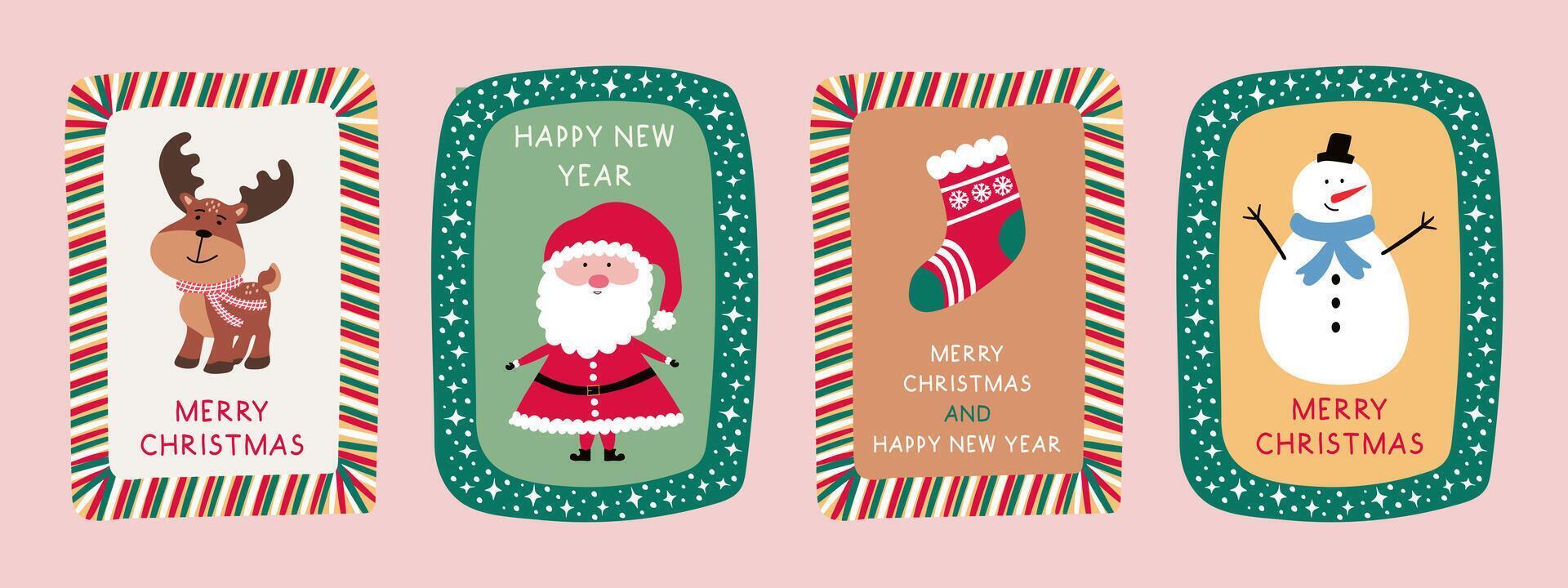 Set of hand drawn Christmas and New Year greeting cards with Santa Claus, reindeer, snowman and holiday illustrations. vector