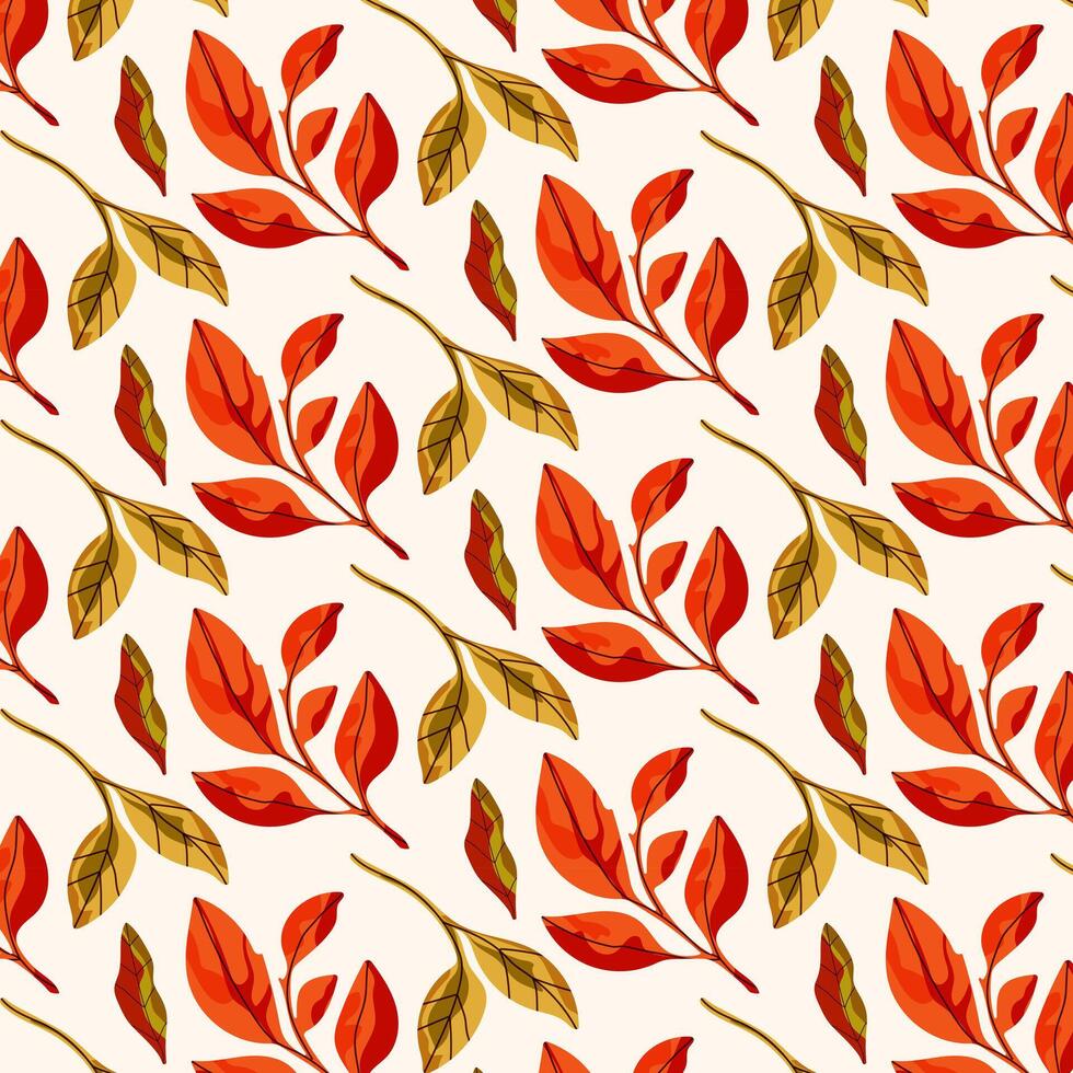 Autumnal pattern with vibrant red and yellow leaves on a light background. vector