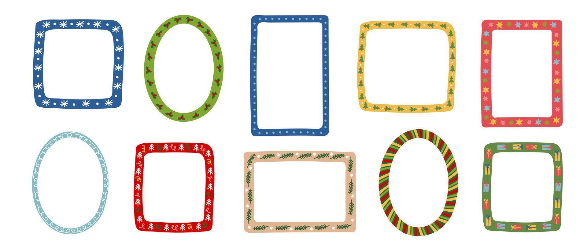 Set of colorful hand-drawn Christmas and New Year frames and borders for photo decoration, greeting card, invitation design vector