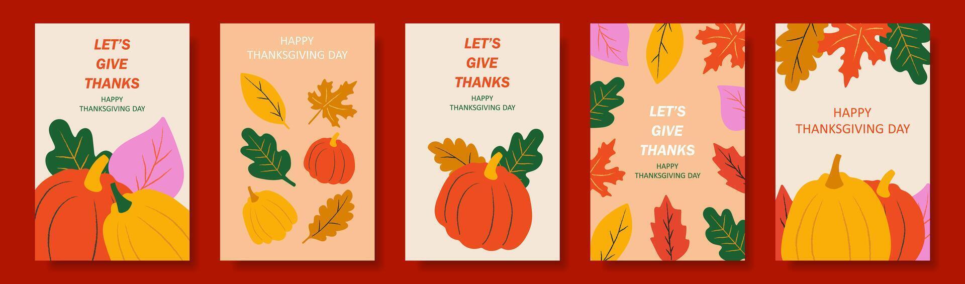 Collection of five Thanksgiving Day greeting cards with pumpkins and fall leaves, seasonal design for celebration. vector