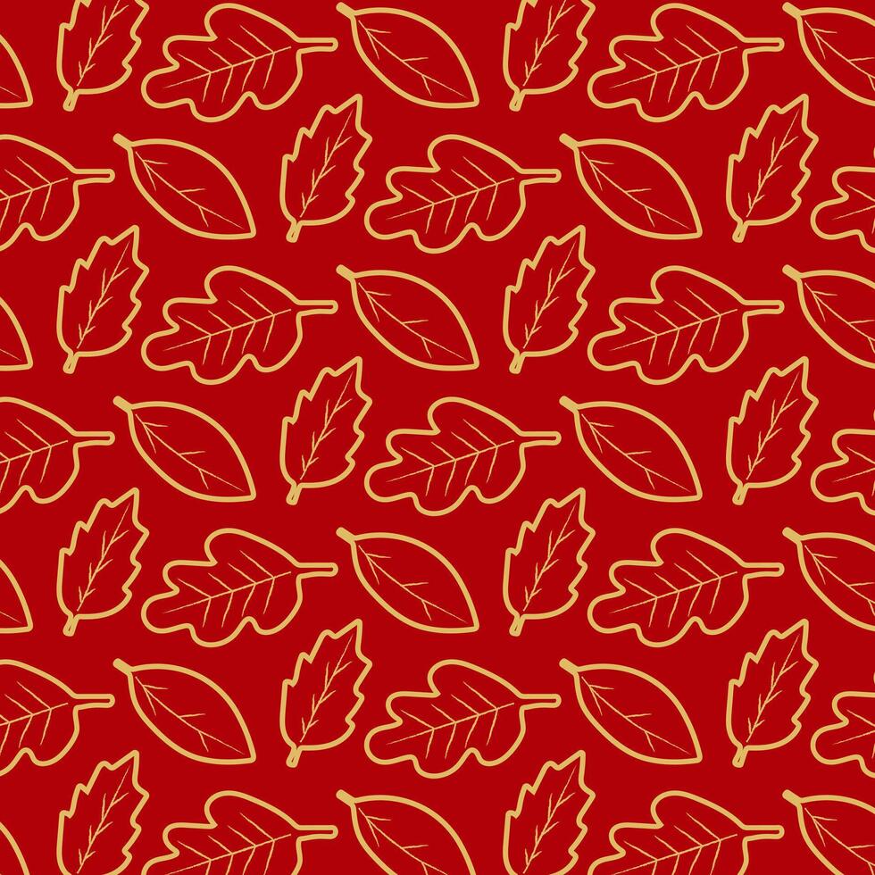 Leaf pattern with hand drawn golden leaves on a rich red background. vector