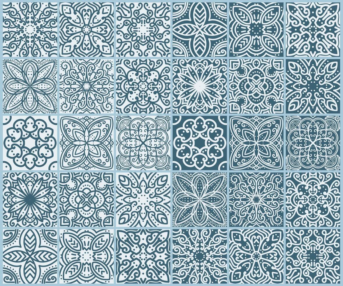 Decorative tile patterns in blue and white vector