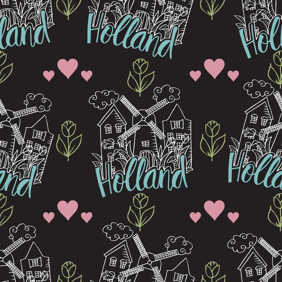 Holland pattern with houses and windmills vector