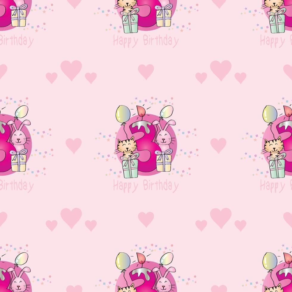 Seamless pattern with happy 3th birthday celebration with cute animals vector