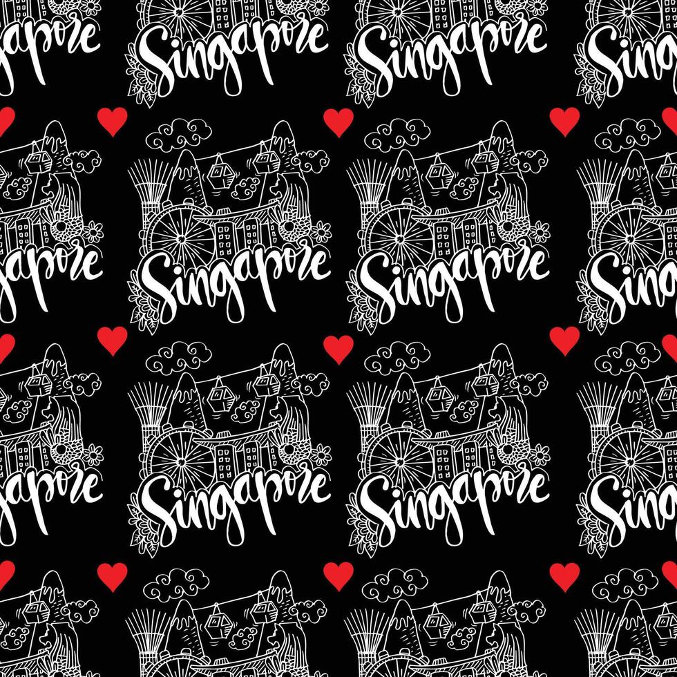 Singapore pattern with hearts and clouds vector
