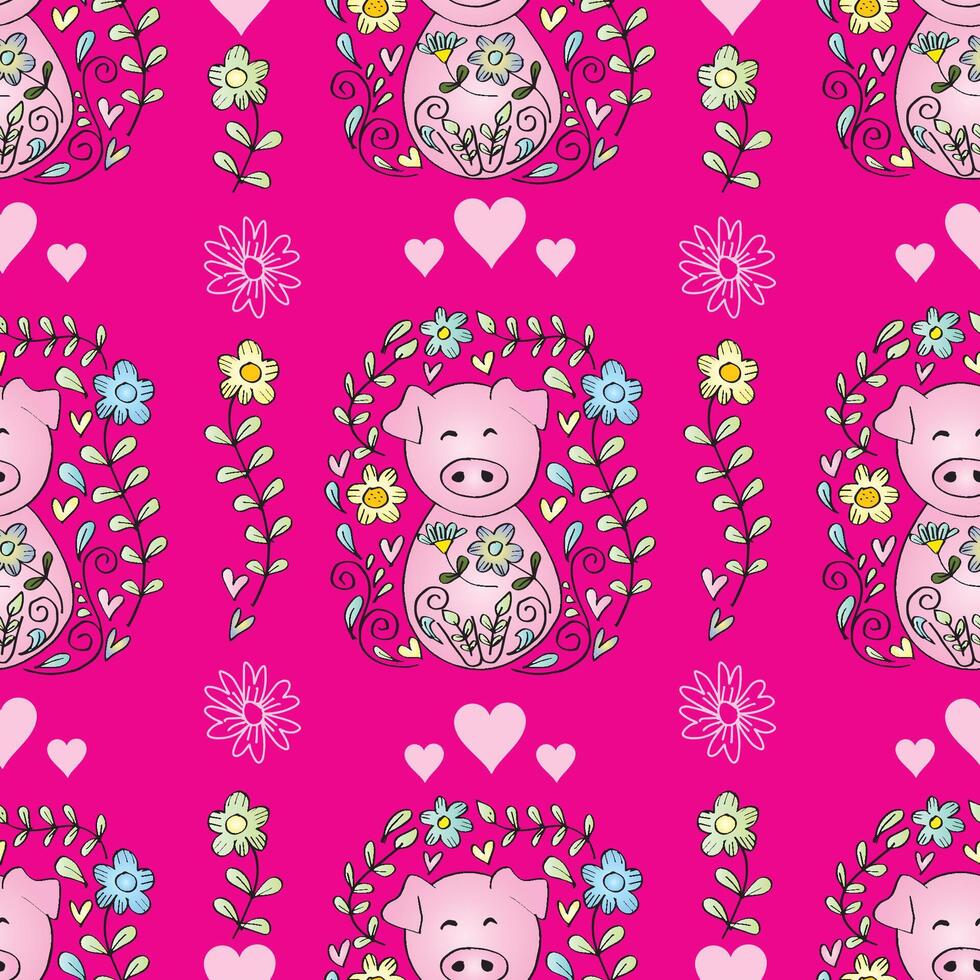 Seamless pattern with cute pigs, hearts and flowers. vector