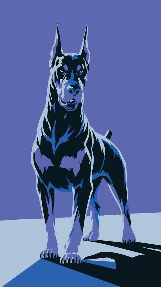 Stylized Doberman Pinscher with Cropped Ears and Docked Tail in Blue Tones vector