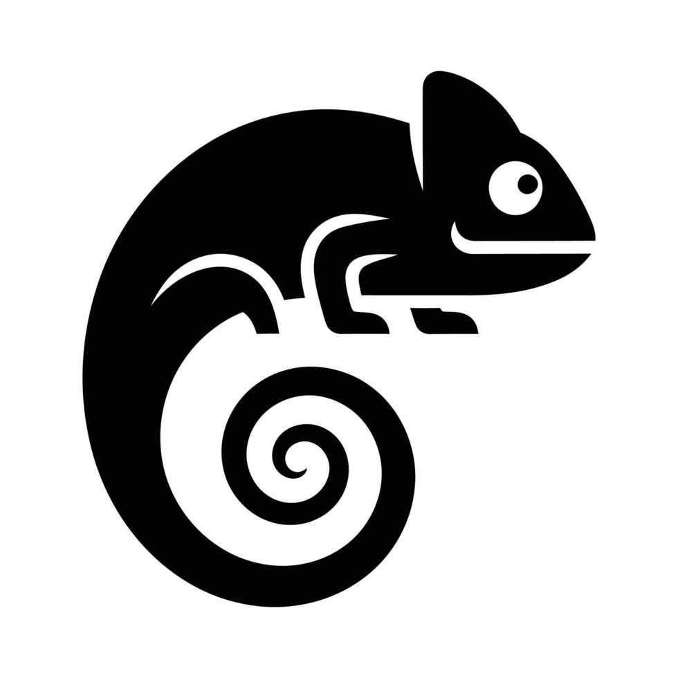 Stylized Black and White Chameleon Silhouette with Spiral Tail. vector