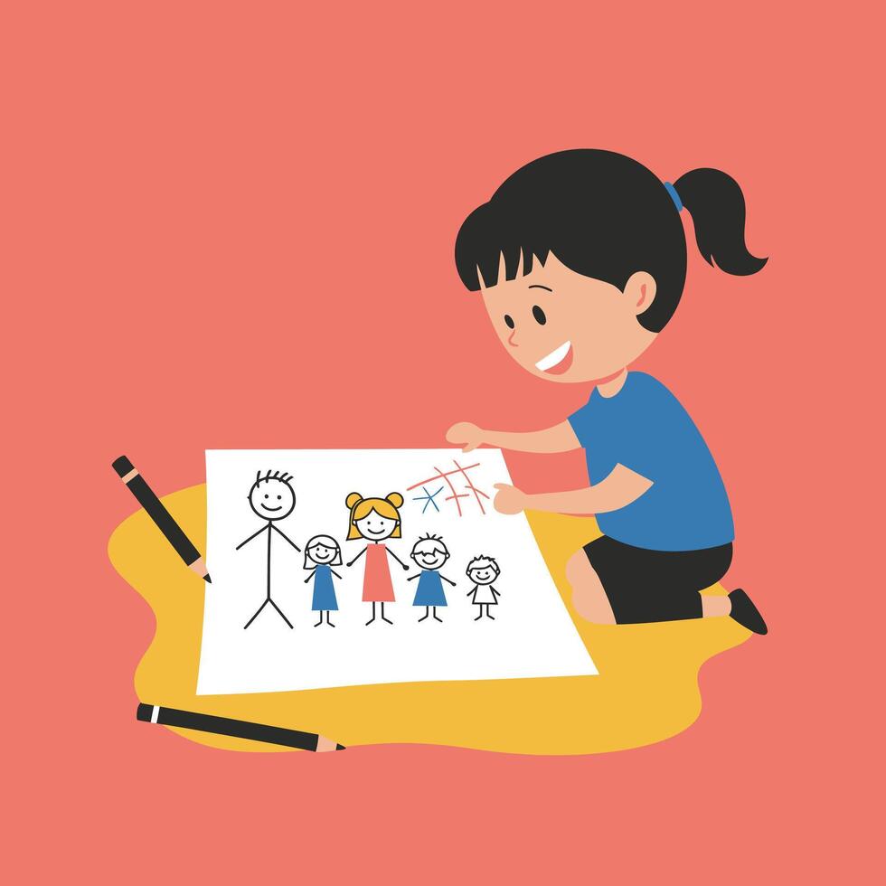 Girl Drawing Stick Figure Family Portrait with Pencils on Large Paper vector