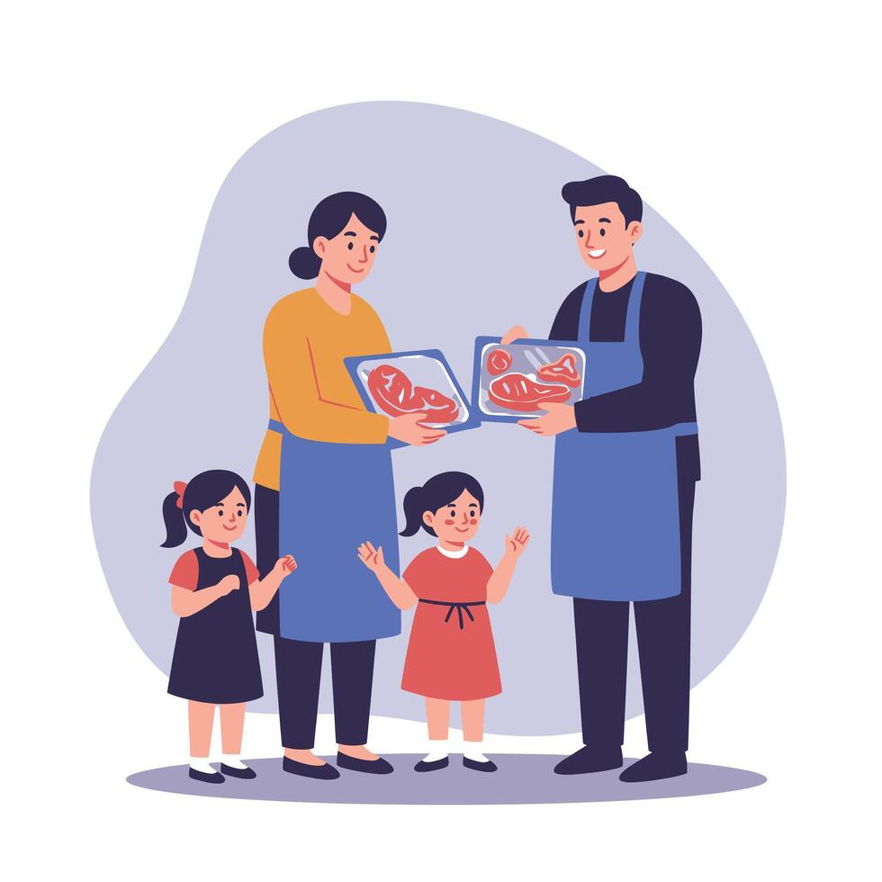 Smiling Family Holding Packaged Meat Cuts, Father and Mother with Two Daughters vector