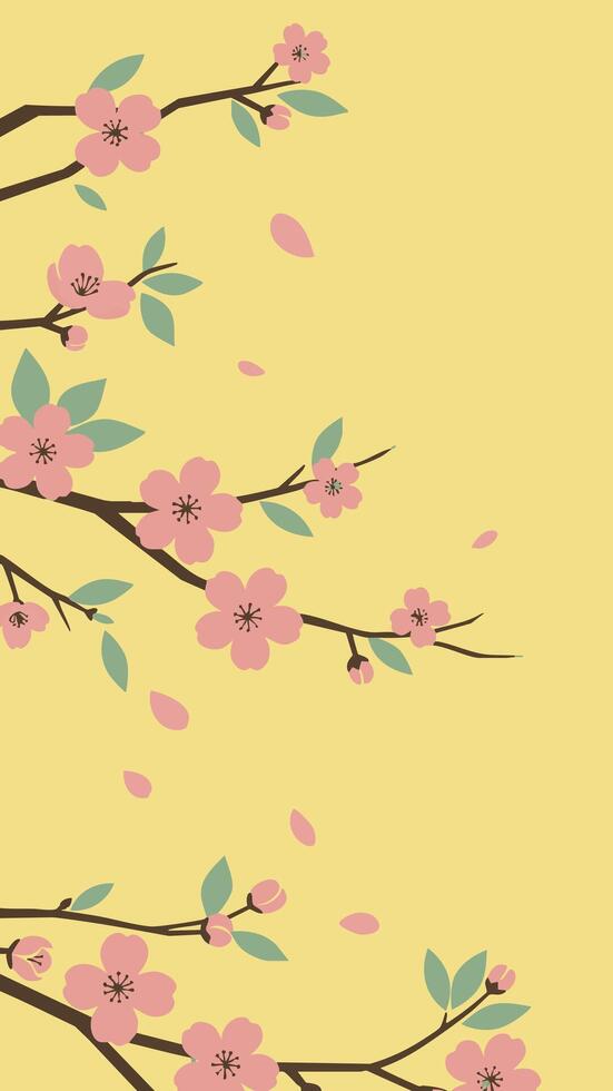 Delicate Pink Cherry Blossoms and Falling Petals on a Yellow Background. vector