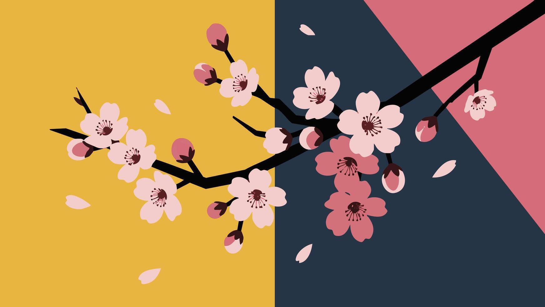 Stylized Cherry Blossom Branch Against Geometric Background vector