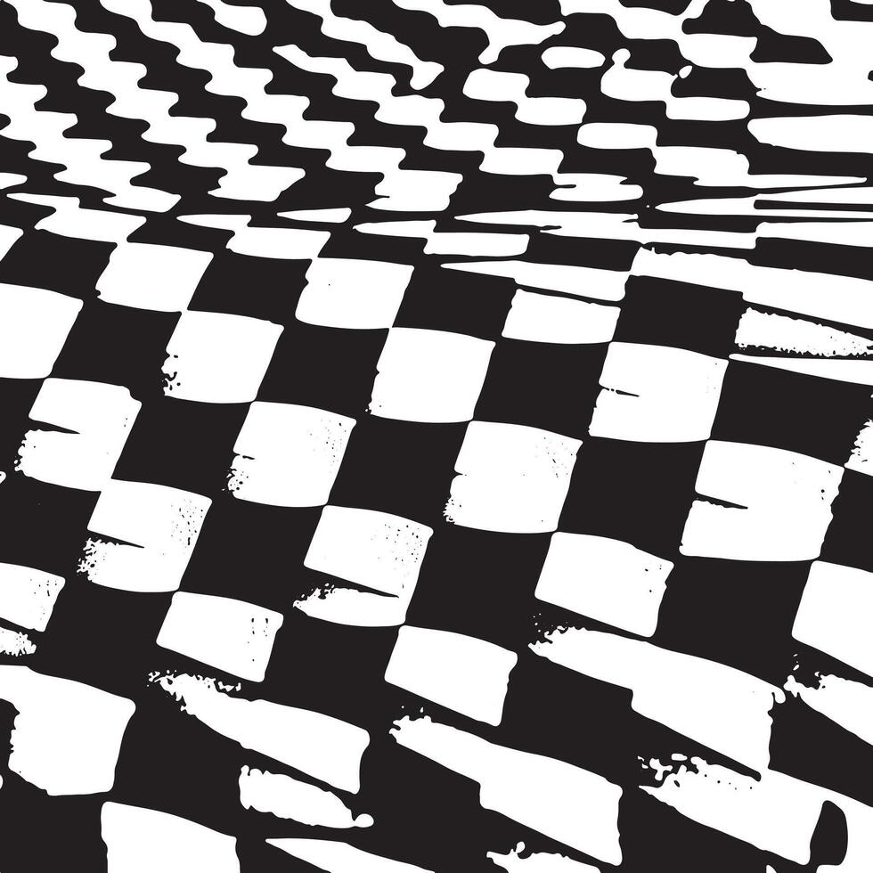 Warped checkerboard pattern in black and white with a distorted grunge effect, ideal for modern backgrounds, prints, graphic layouts, and digital design compositions. vector