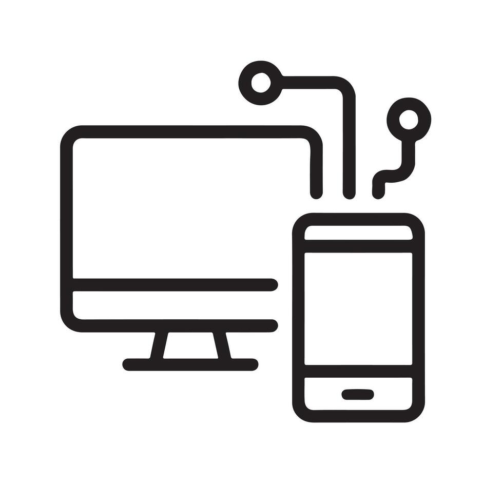 Minimal black and white icon of computer and smartphone connected with bold lines perfect for tech network digital communication and electronic device related graphic designs vector