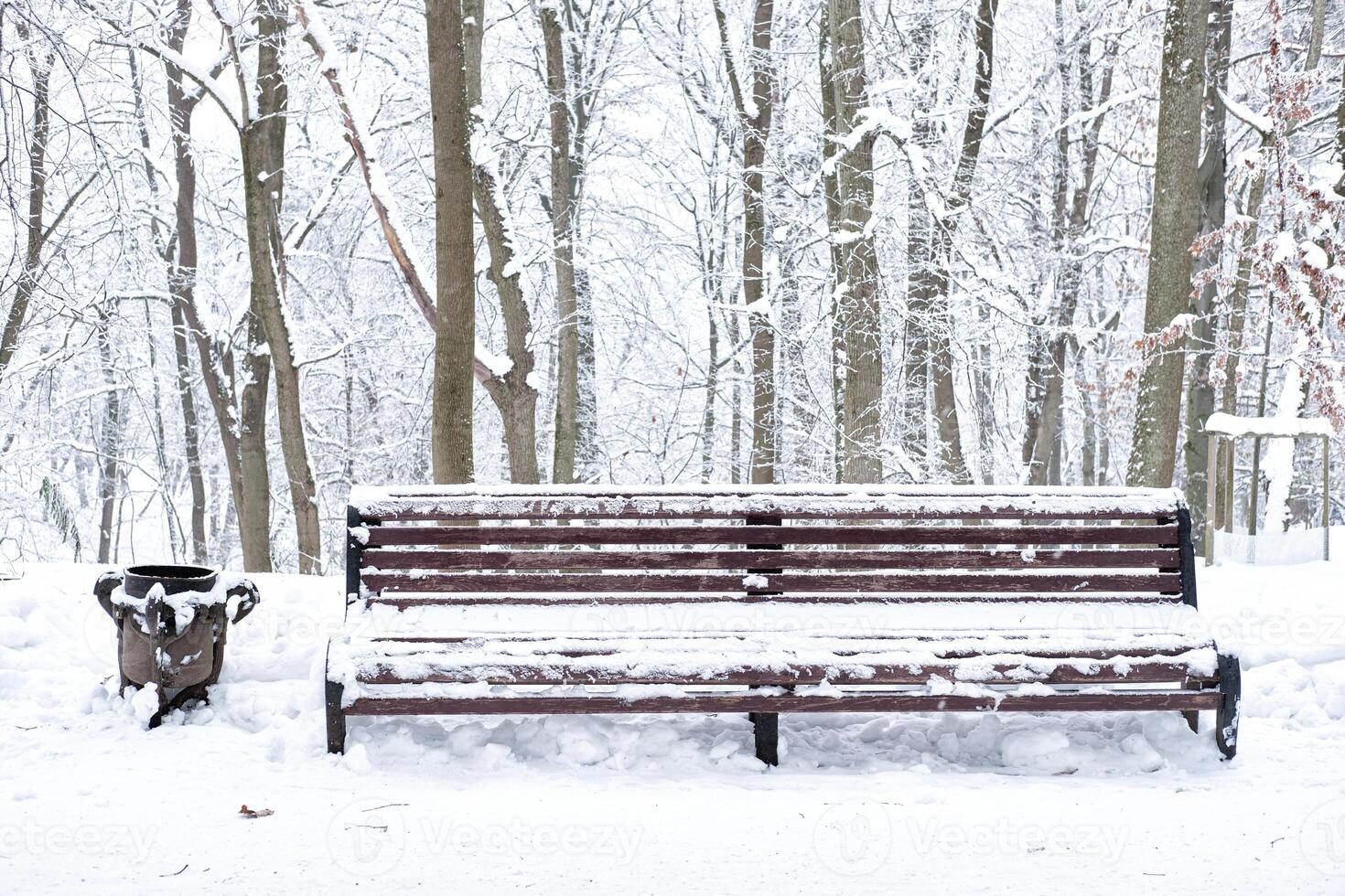 A wooden bench covered in snow, located in a serene winter park surrounded by tall trees with snow-laden branches photo