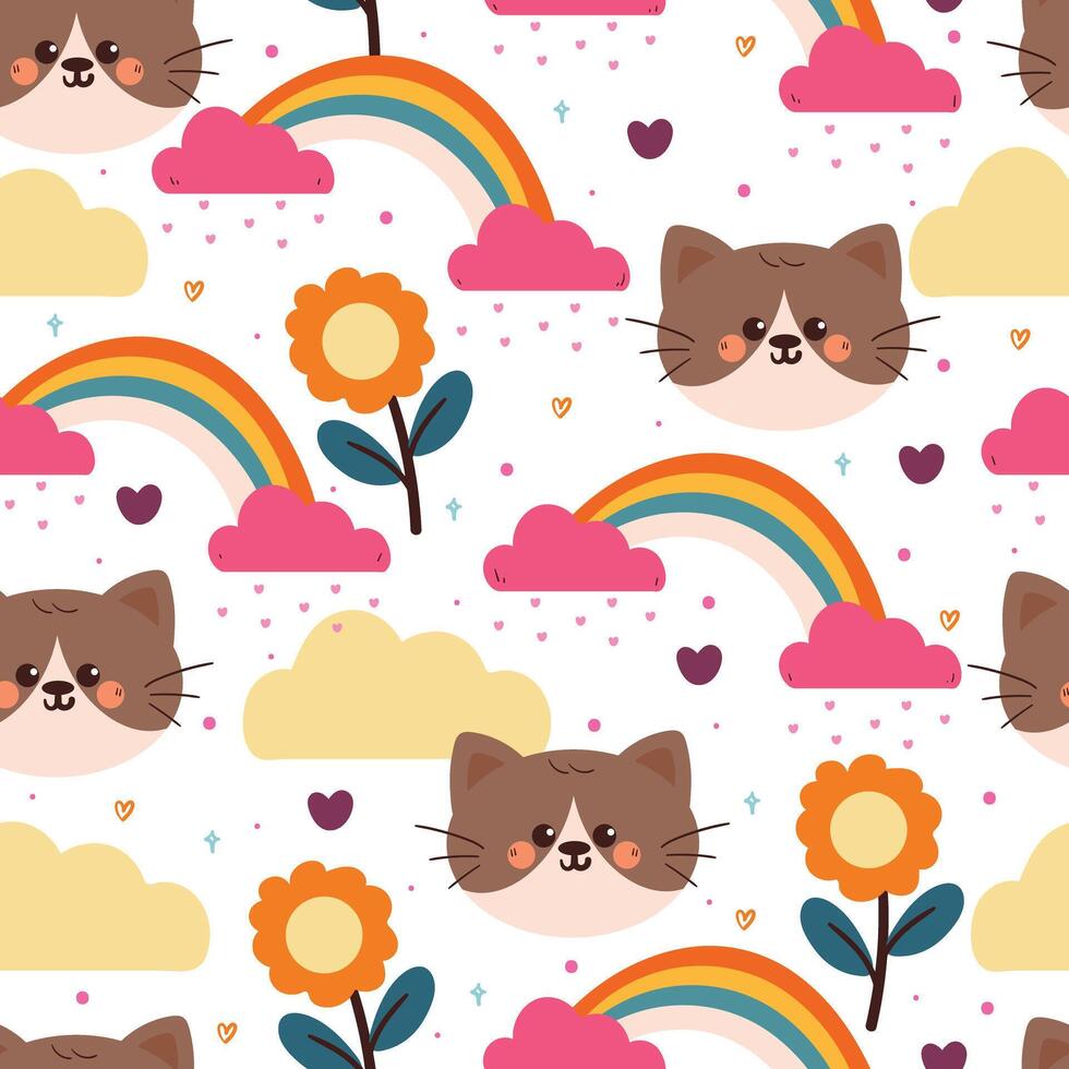 Cute cats with rainbows and flowers vector
