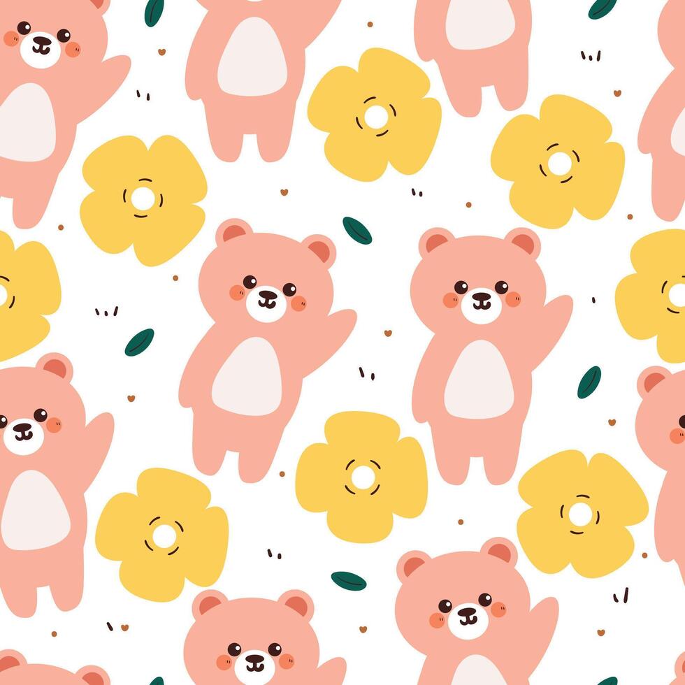 cute drawing cartoon bear with flower and leaves seamless pattern. animal pattern in white background for wallpaper vector