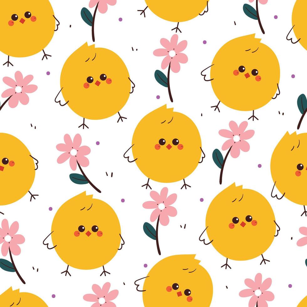 cute drawing cartoon chick and flowers seamless pattern. animal pattern in white background for wallpaper vector
