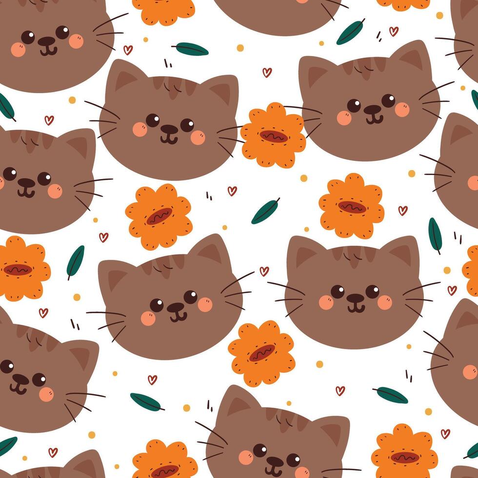 cute hand drawing cartoon cat with flowers and leaves seamless pattern. cute animal pattern in white background for gift warp paper and wallpaper vector