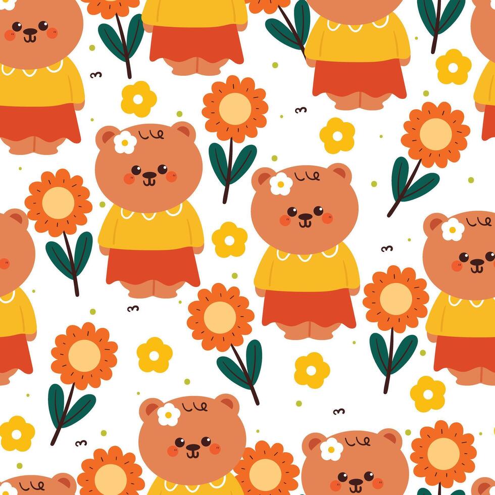 cute hand drawing cartoon bear wearing clothes with flowers seamless pattern. cute animal pattern in white background for gift warp paper and wallpaper vector
