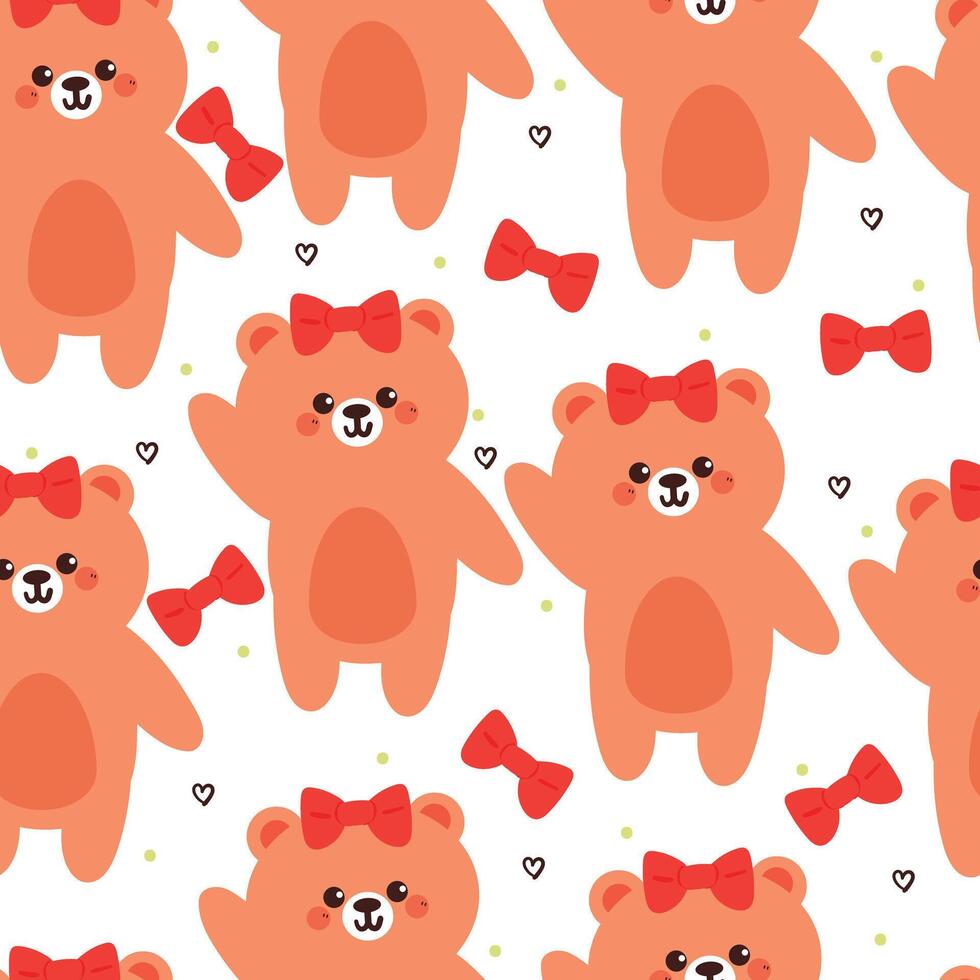 cute hand drawing cartoon bear with red ribbon seamless pattern. cute animal pattern in white background for gift warp paper and wallpaper vector