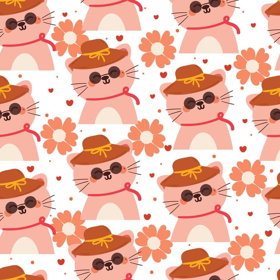 cute hand drawing cartoon cat wearing sun glasses with flower seamless pattern. cute animal pattern in white background for gift wrap paper and wallpaper vector