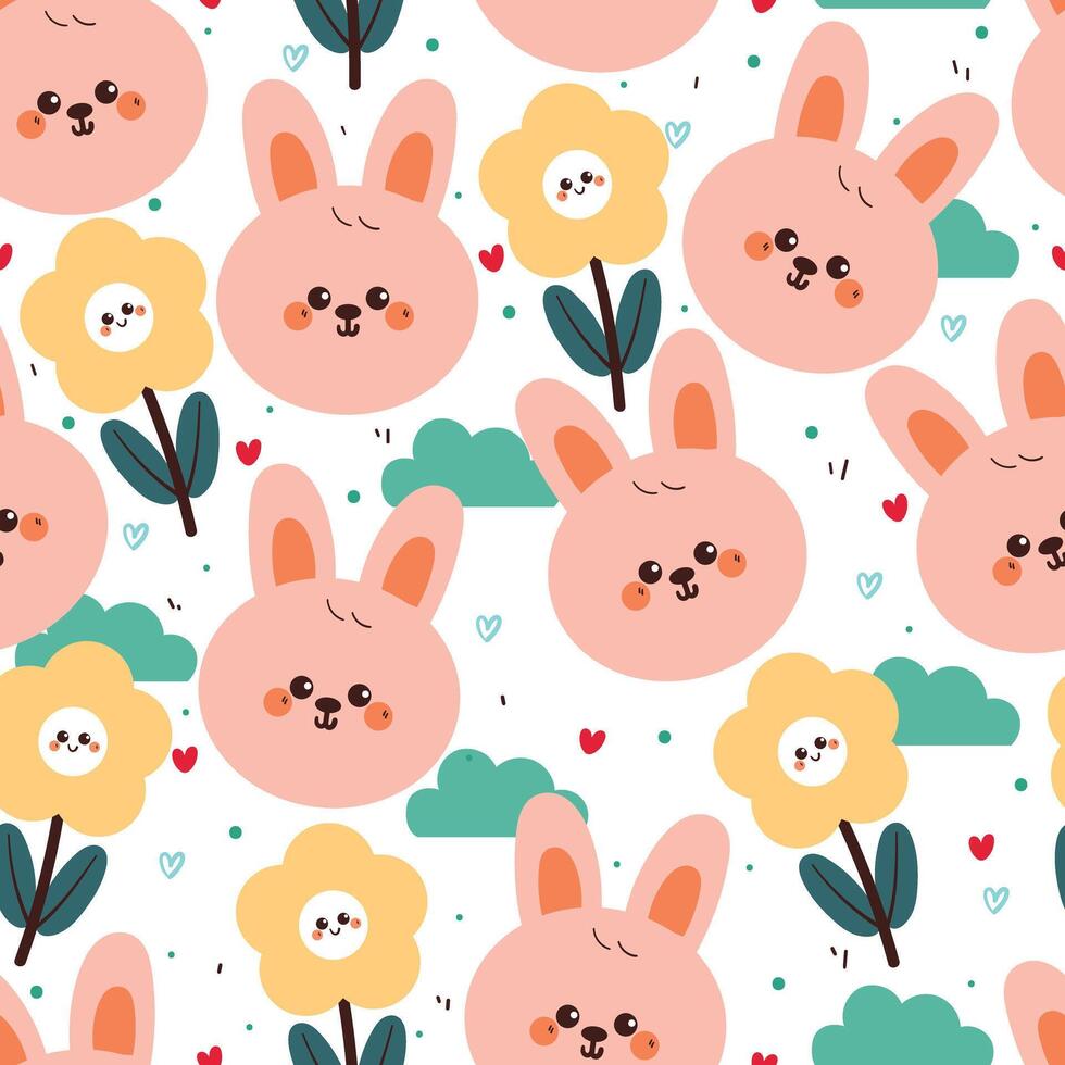 cute hand drawing cartoon bunny with flower and clouds seamless pattern. cute animal pattern in white background for gift warp paper and wallpaper vector