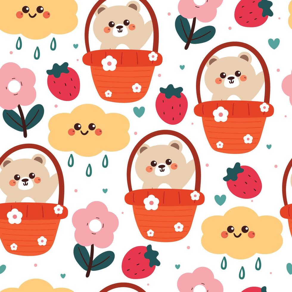 cute hand drawing cartoon bear inside basket with sky element seamless pattern. cute animal pattern in white background for gift warp paper and wallpaper vector
