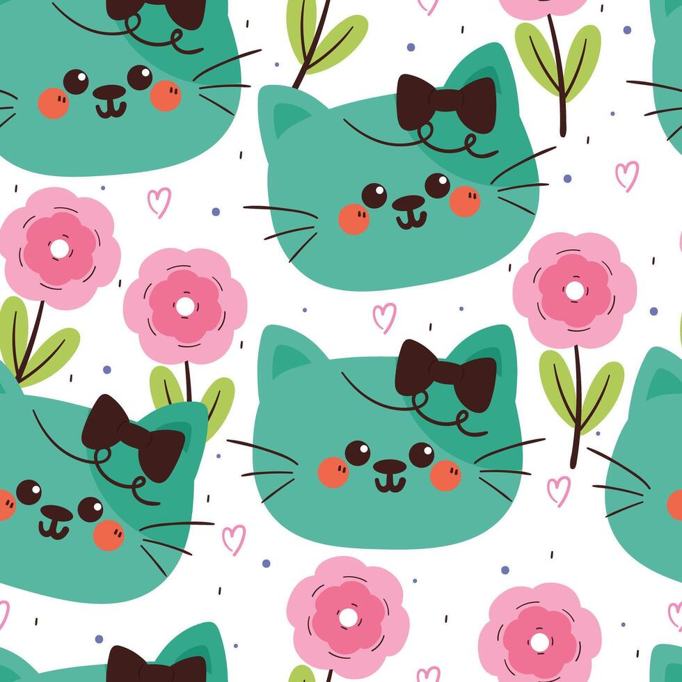 cute hand drawing cartoon cat with flowers seamless pattern. cute animal pattern in white background for gift warp paper and wallpaper vector