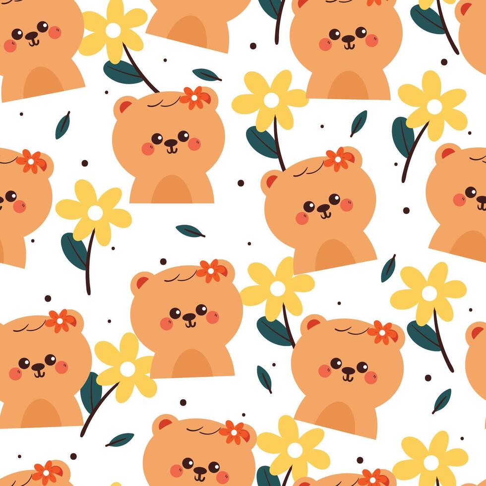 cute hand drawing cartoon bear with flowers seamless pattern. cute animal pattern in white background for gift warp paper and wallpaper vector
