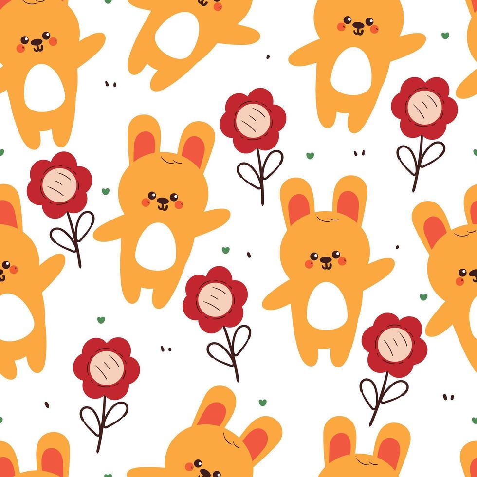 cute drawing cartoon bunny with flowers seamless pattern. animal pattern in white background for wallpaper vector