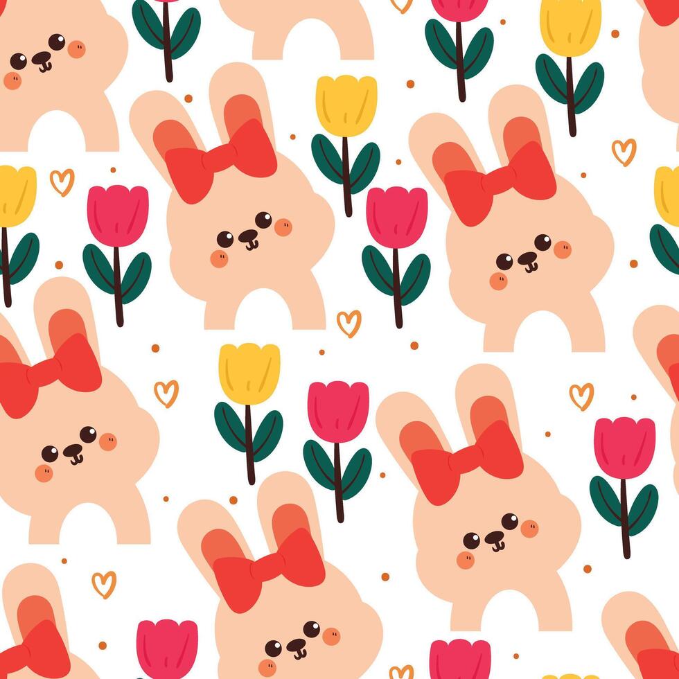 cute hand drawing cartoon bunny with bow and flowers seamless pattern. cute animal pattern in white background for gift warp paper and wallpaper vector
