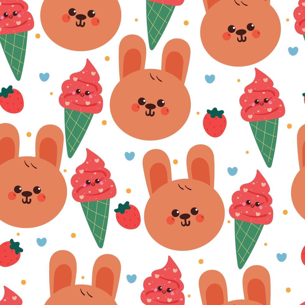 cute hand drawing cartoon bunny and ice cream character seamless pattern. cute animal pattern in white background for gift wrap paper and wallpaper vector