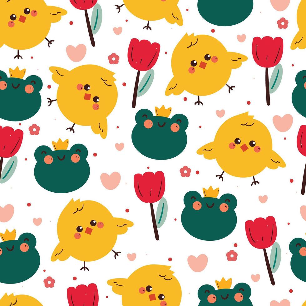 cute hand drawing cartoon frog and chick seamless pattern. cute animal pattern in white background for gift warp paper and wallpaper vector