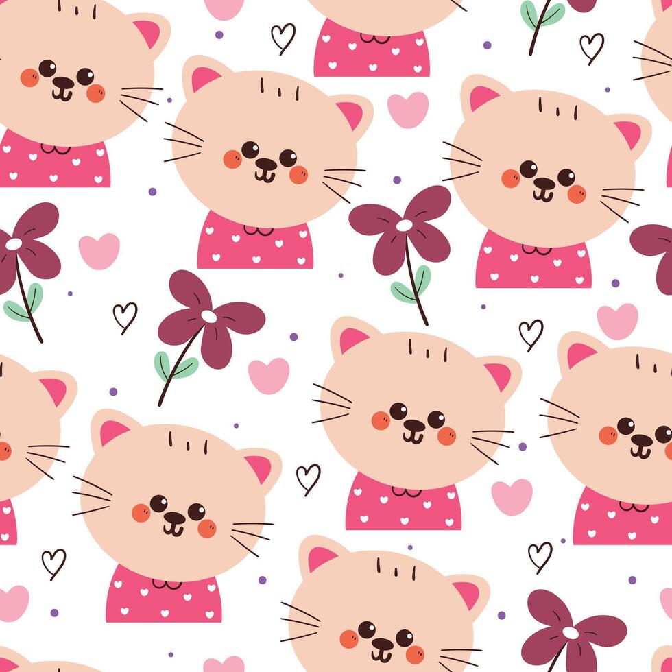 cute drawing cartoon cat with flowers and leaves seamless pattern. animal pattern in white background for wallpaper vector