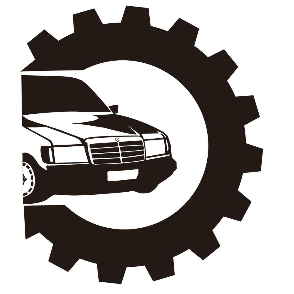 A car is in the middle of a gear wheel vector